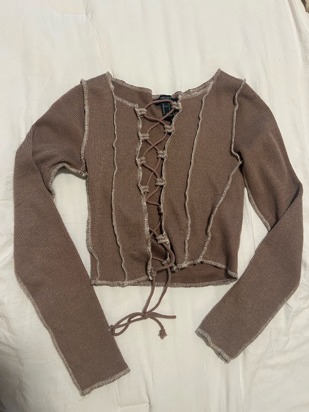 Forever 21 Brown Ribbed Lace-Up Long Sleeve Crop Top